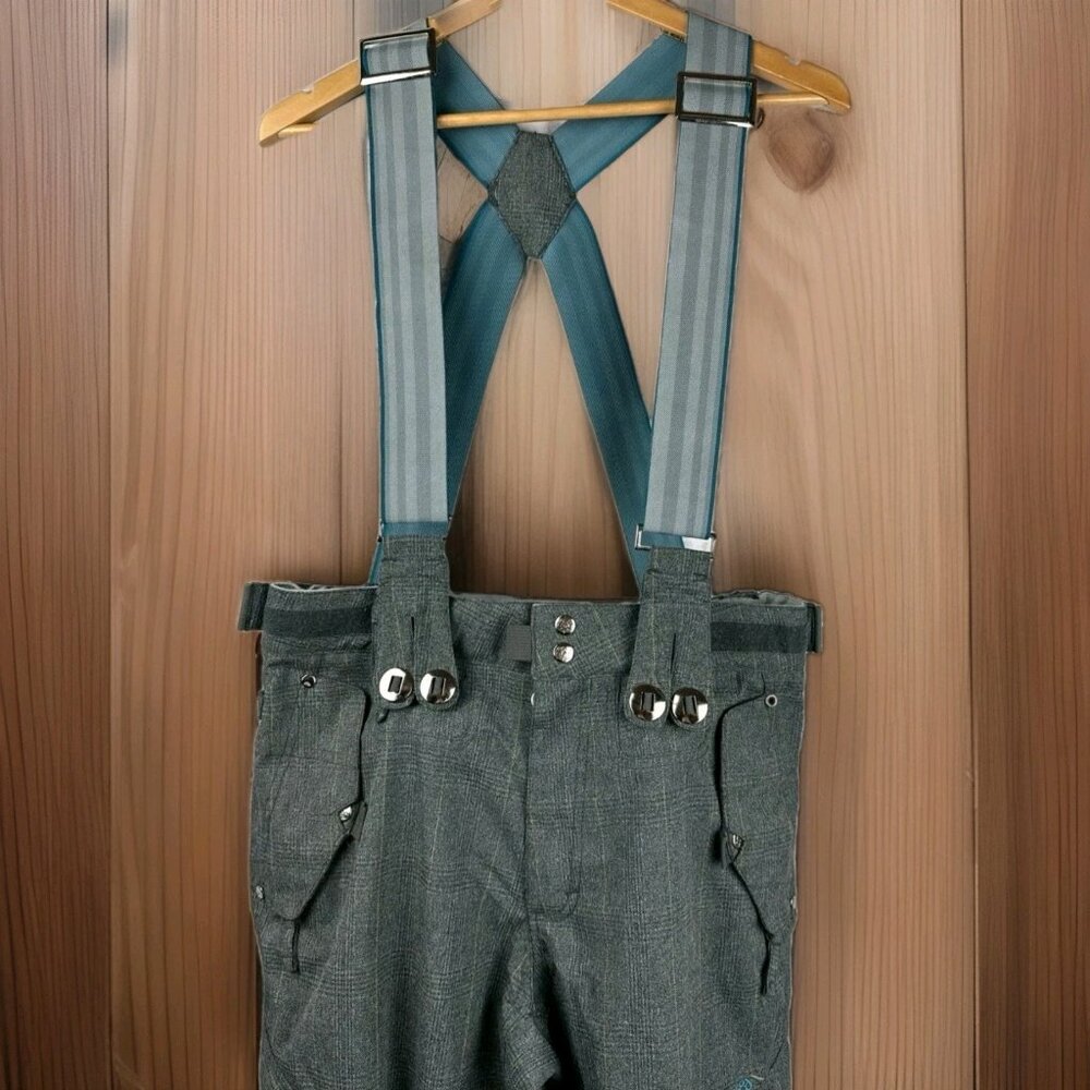 686 Gray Plaid Cargo Logo Ski Pants With Suspenders Men NOWT
